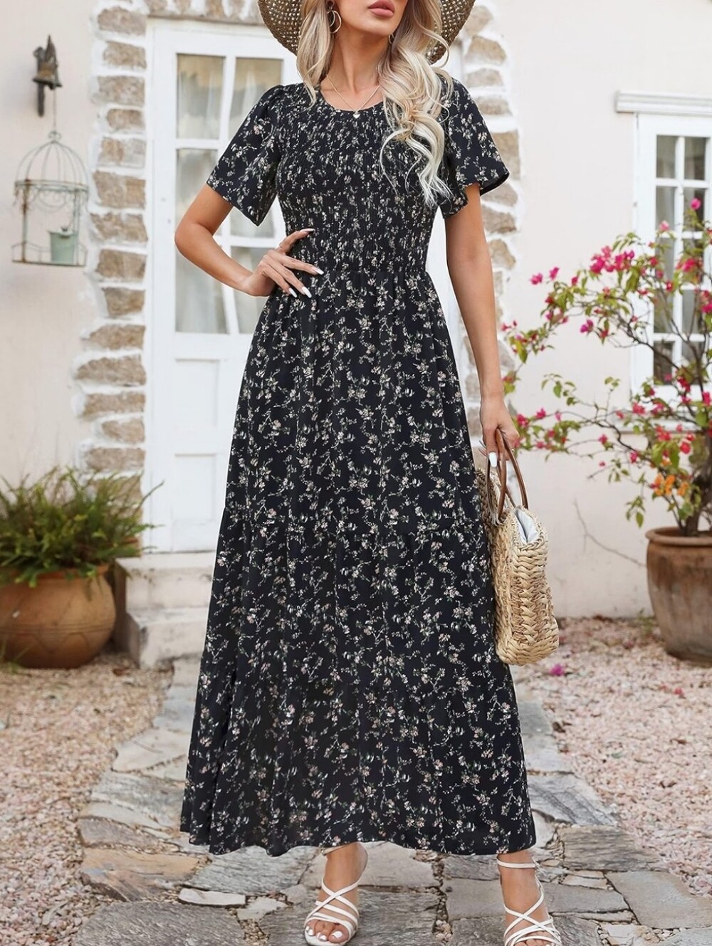 Black Floral Short-Sleeve Maxi Dress